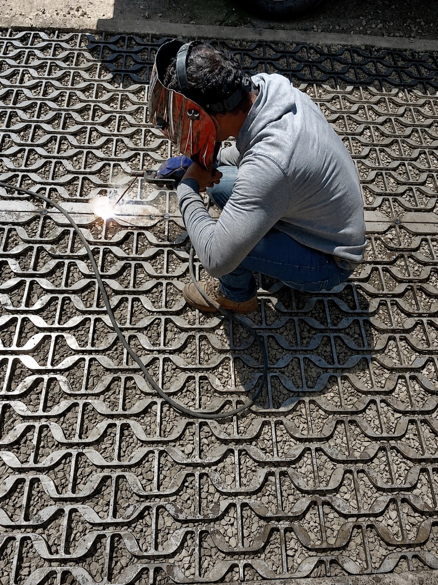 Aaron Brand welding a steel grate in the shop